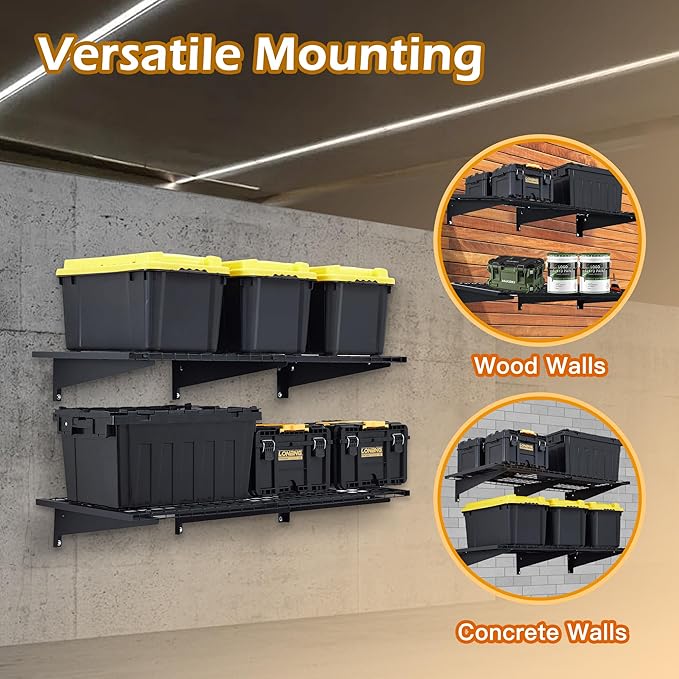 Garage Wall Shelving, 2-Pack 2 x 4ft Garage Storage Rack,Loads 700 lbs 24-inch-by-48-inch Heavy Duty Wall Shelves,24” x 48” Garage Wall Shelf,Black-VerdiqueGarden