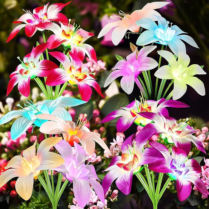 Solar Lights Outdoor Waterproof, 4 Pack Upgraded Garden Lights Solar Powered with 16 Double Layer Lily Flowers, Colorful Outdoor Solar Lights for Outside Yard Patio Garden Decor-VerdiqueGarden
