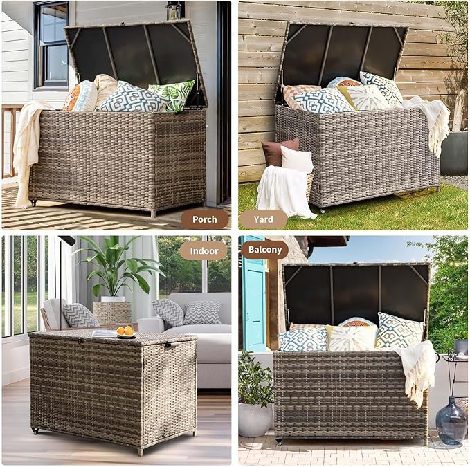 178 Gallon Outdoor Storage Box, Patio Deck Box with 2 Wheels, Handle Large Portable Wicker Rattan Deck Box for Patio Furniture Cushions, Throw Pillows, Garden Tools and Pool Floats (Gray)-VerdiqueGarden