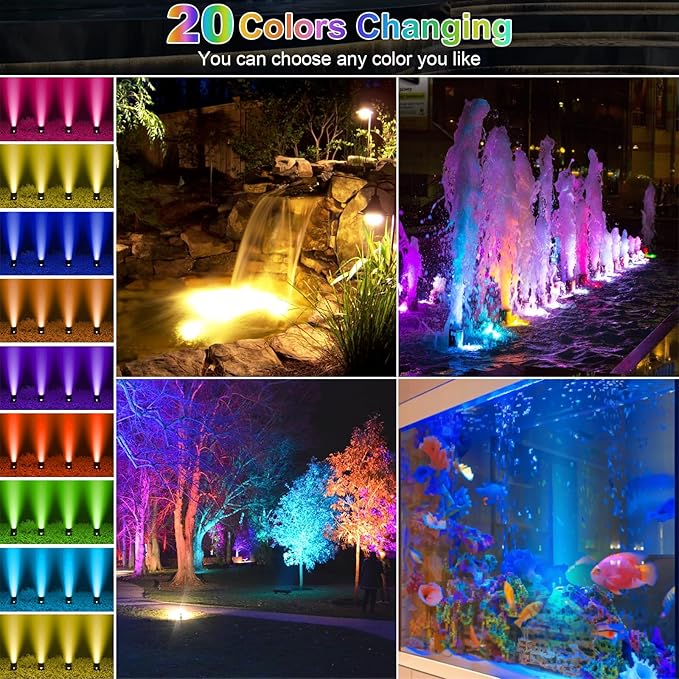 RGB Underwater Pond Lights, 20 Colors Dimmable Fountain Lights with Timer, IP68 Waterproof Underwater Submersible Led Lights with Remote Control for Outdoor Ponds Aquarium Garden Pool (Set of 4)-VerdiqueGarden