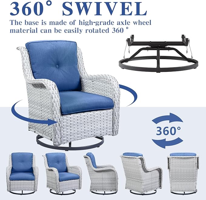 Wicker Patio Furniture Sets - 8 Piece Outdoor Rattan Furniture Conversation Sets with 4 Swivel Rocker Chairs, Rattan Sofa, Wicker Ottomans and Coffee Table, Light Grey/Blue-VerdiqueGarden