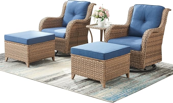 Outdoor Wicker Patio Furniture Set - 5 Pieces Rattan Patio Conversation Set with 2 Rocking Swivel Chairs,2 Ottomans and 1 Side Table for Porch Deck Backyard Garden(Yellow/Blue)-VerdiqueGarden