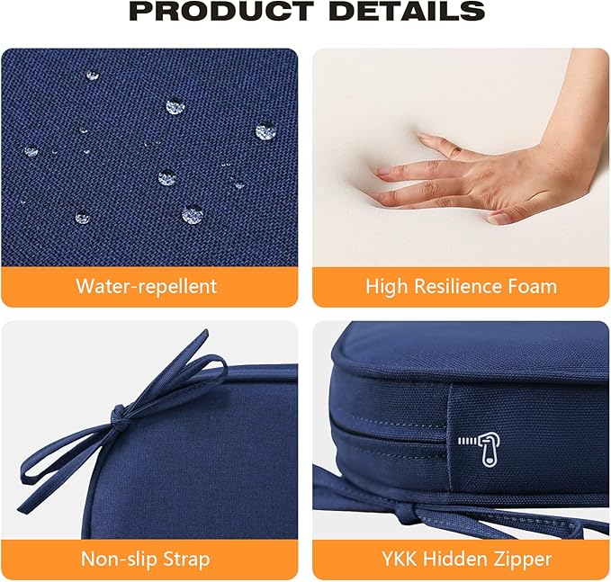 Round Corner Seat Cushions, 17" x 16" x 2", Set of 4, Indoor Outdoor Water Repellent Universal Chair Pads with Ties for Patio Furniture, Garden Deck Dining Chairs, Navy-VerdiqueGarden