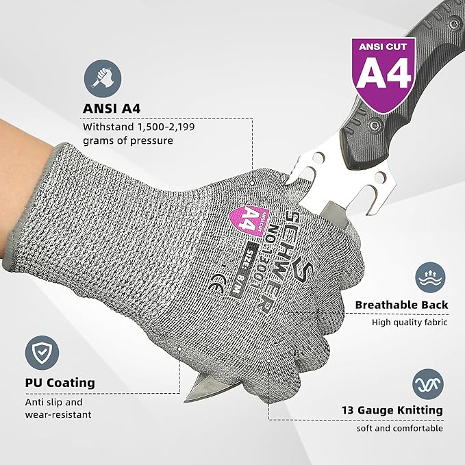 Schwer 12 Pairs ANSI A4 Cut Resistant Work Gloves, Cut Proof Gloves with PU Coating, Used for Metal Fabrication, WoodWorking, Construction, Non Slip, Durable, XS, CR13001-VerdiqueGarden