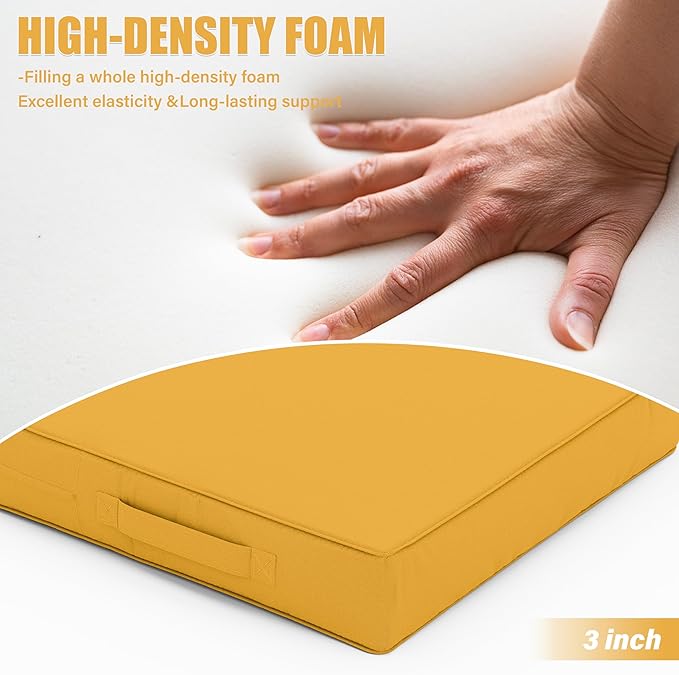 Patio Chair Cushions 17 X 16 X 3 Inch Waterproof Outdoor Seat Cushions for Patio Furniture, Outdoor Sofa Couch Pads with Ties & Handle, Set of 2, Yellow-VerdiqueGarden