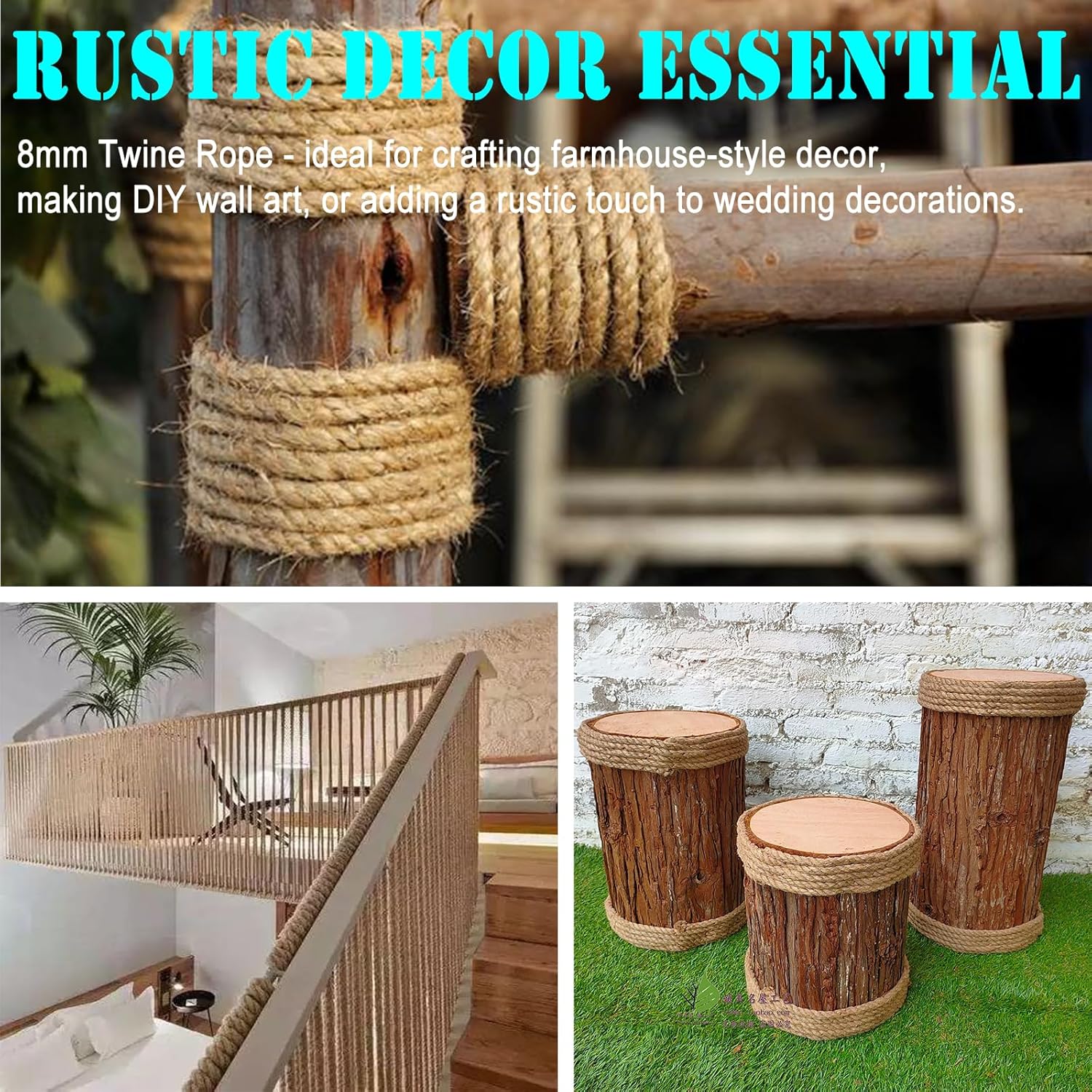 8mm Jute Twine Rope - 164ft Heavy Duty Natural Jute String for Gardening, Crafts, Packaging, DIY Projects & More - Strong, Durable & Biodegradable - Perfect for Plant Tying, Home Decor & Outdoor Use-VerdiqueGarden