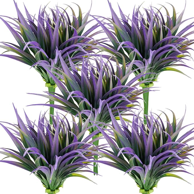 32Pcs Artificial Grass Fake Plants 17.3in Outdoor Plants UV Resistant Faux Greenery Stems Fake Grass for Home Window Garden Office Patio Pathway Front Porch Halloween Décor Green & Purple-VerdiqueGarden