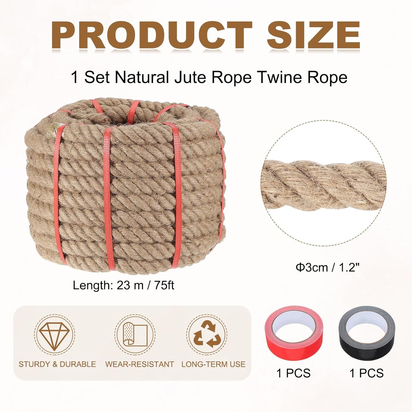 MECCANIXITY Jute Rope 1.2 Inch x 75ft, Thick Twine Rope Ropes Braided Jute Twine Natural Brown Burlap Cord String Heavy Twisted with Tapes for Decorative Crafts Railing Swing Tug of War-VerdiqueGarden