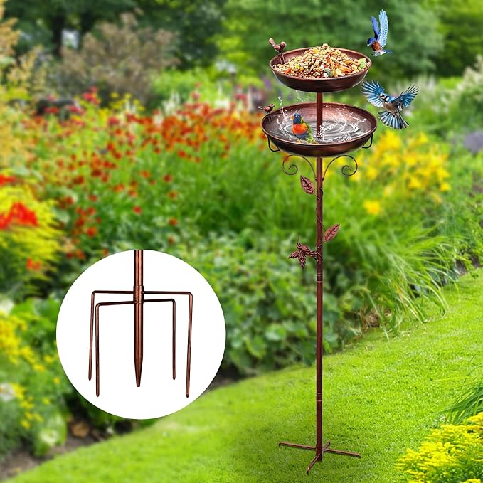 Metal Bird Bath for Outside, 2-in-1 Birdfeeder and Bath, 42 Inch Tall Stand with Hummingbird, Large 12Inch & Small 7.9Inch Bird Bath Bowl, 3 Bird Decor for Garden, Antique Bronze-VerdiqueGarden