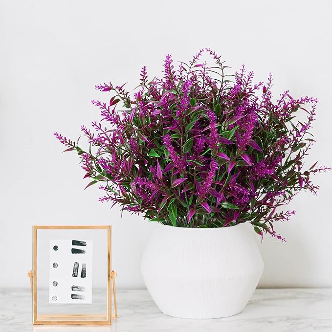 8 Pack Artificial Plants Flowers Grass Shrubs Lavender No Fade Faux Plastic Flowers Outdoor for Farmhouse Garden Porch Patio Indoor Wedding Decoration Greenery Fake Plants uv Resistant-VerdiqueGarden