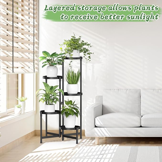 MOKANI Metal Plant Stand Indoor Outdoor for Multiple Plants, 5 Tiered Folding Corner Shelf Tall Flower Pot Holder Display Rack for Patio Living Room Balcony Garden, Black-VerdiqueGarden