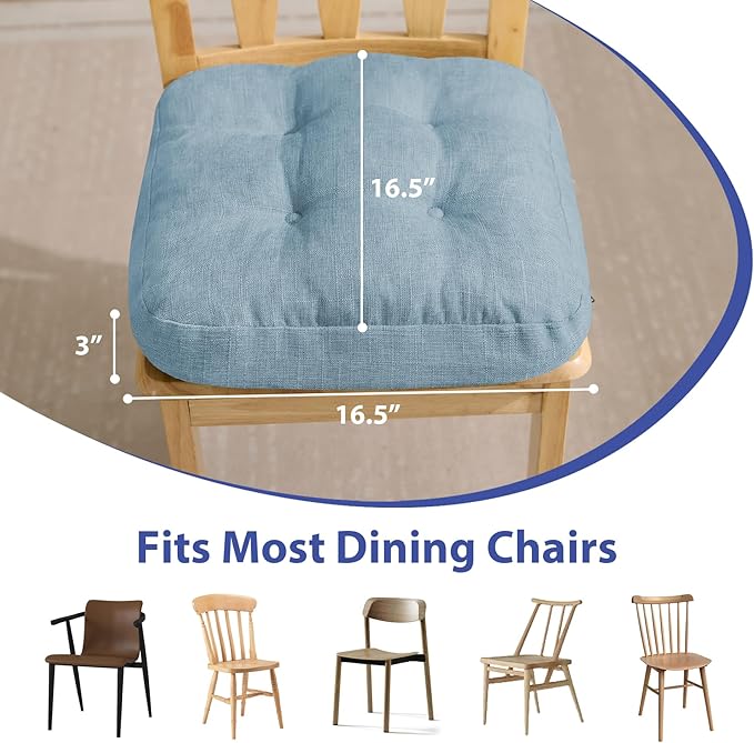 Chair Cushions for Dining Chairs, Dining Chair Cushions, Tufted Indoor Chair Pads with Ties & Non Slip Backing, Seat Cushions for Kitchen Chairs 16.5” x 16.5” x 3.5”, Set of 6, Light Blue-VerdiqueGarden