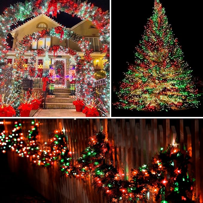 2 Pack Christmas String Lights Indoor Outdoor, Super Bright 66FT 200 LED String Lights Waterproof, Twinkle Xmas Lights with Timer for Christmas Tree Decorations (Red and Green)-VerdiqueGarden