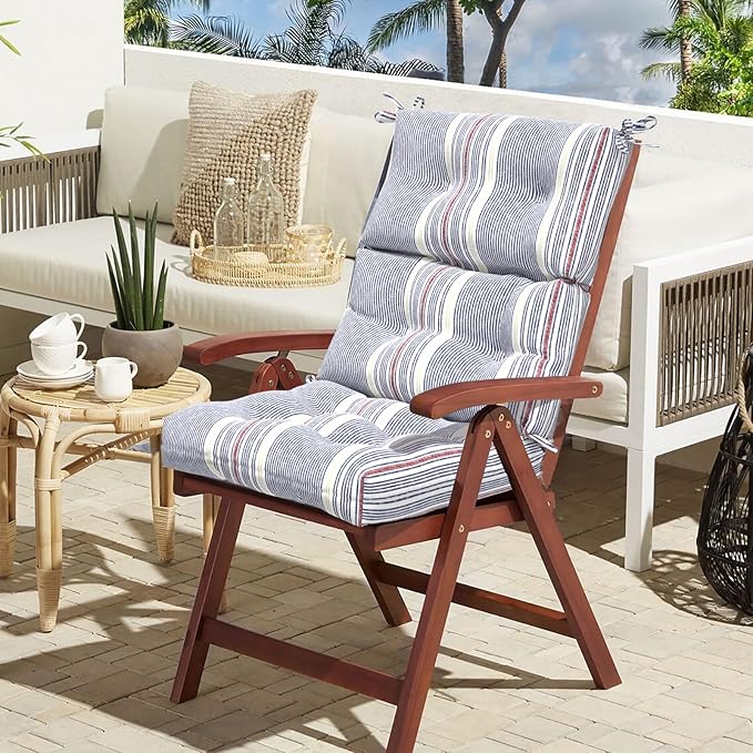 LVTXIII Outdoor Tufted High Back Cushions Set of 2 Patio Seasonal Replacement Rocking Chair Cushion with Ties, Solid Seat and Back Chair Cushion, (44” L x 22W”, Stripe Denim Blue)-VerdiqueGarden