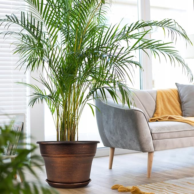 10 Inch Planters Plant Pots Indoor Outdoor, 4 Pack Plastic Flower Pot for Indoor Plants with Drainage Holes & Trays, Resin Decorative Container Sets with Saucer for House Garden Copper-VerdiqueGarden