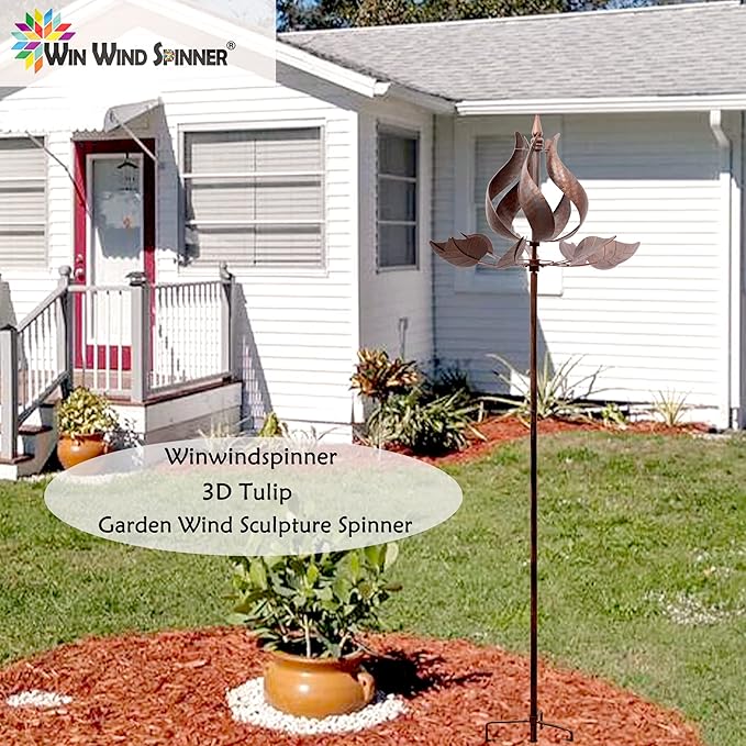 Tulip Wind Spinners Yard Garden - Large Copper Wind Sculptures & Spinners Outdoor Metal, Kinetic Yard Art Windmill Decor for Patio, Lawn (W24 x H73)-VerdiqueGarden