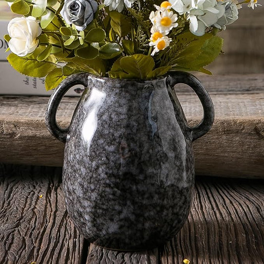 Black Ceramic Vase with 2 Handles, Modern Farmhouse Decor, Rustic Terracotta Pottery, Decorative Flower Vases, Clay Small Vase, Centerpiece for Dining Table - 7 Inch Tall-VerdiqueGarden