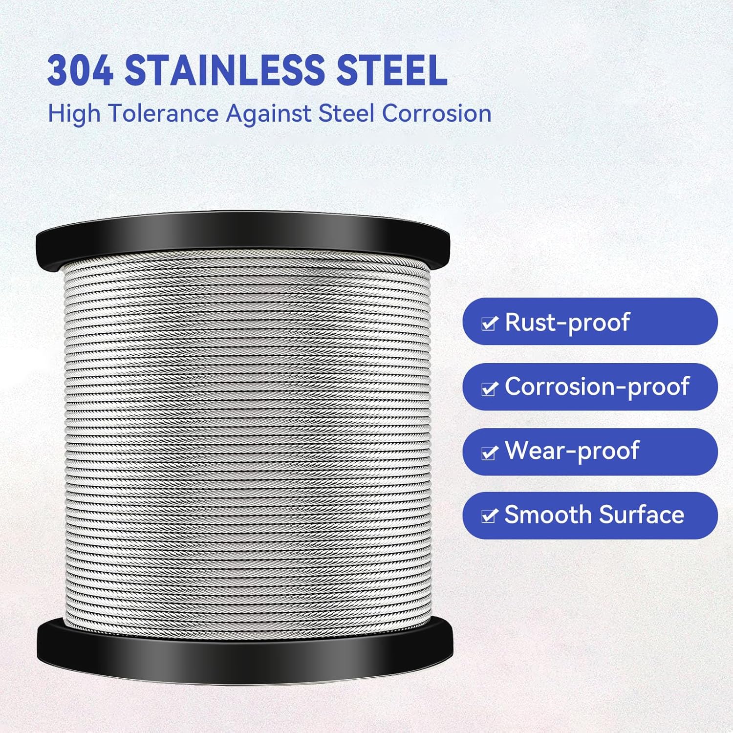 1/4" Stainless Steel Cable,7x19 Strand Aircraft Wire Rope,Cable for Heavy Duty Applications,Zip Iine and Outdoor Pulley Cables,Deck Railing, with Gloves,Breaking Strength 6400 Ibs,300FT-VerdiqueGarden