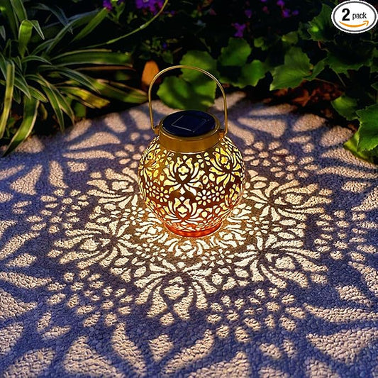 2 Pack Outdoor Solar Hanging Lantern Lights Metal LED Decorative Lamp for Garden Patio Courtyard Lawn and Table with Hollowed-Out Design (Sunset Blaze)-VerdiqueGarden