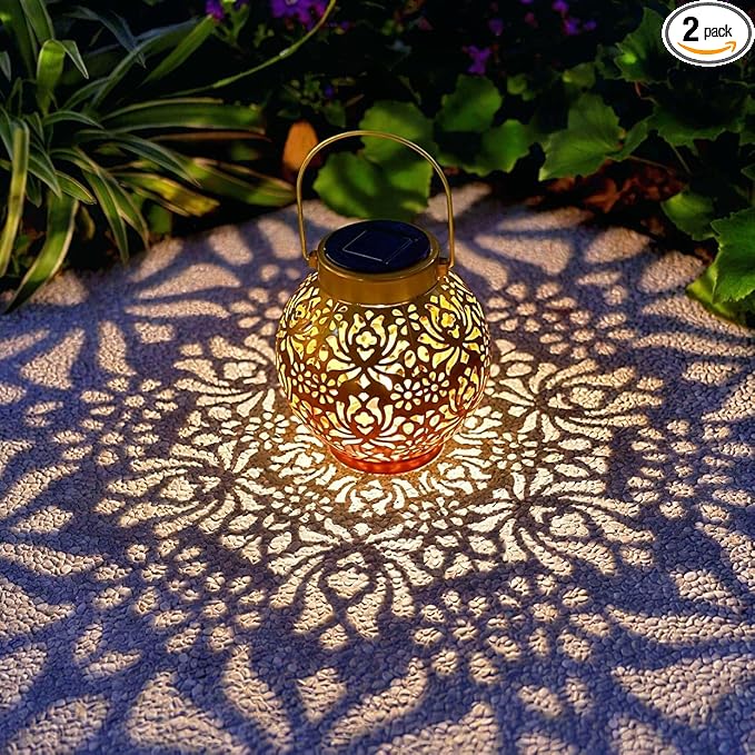 2 Pack Outdoor Solar Hanging Lantern Lights Metal LED Decorative Lamp for Garden Patio Courtyard Lawn and Table with Hollowed-Out Design (Sunset Blaze)-VerdiqueGarden