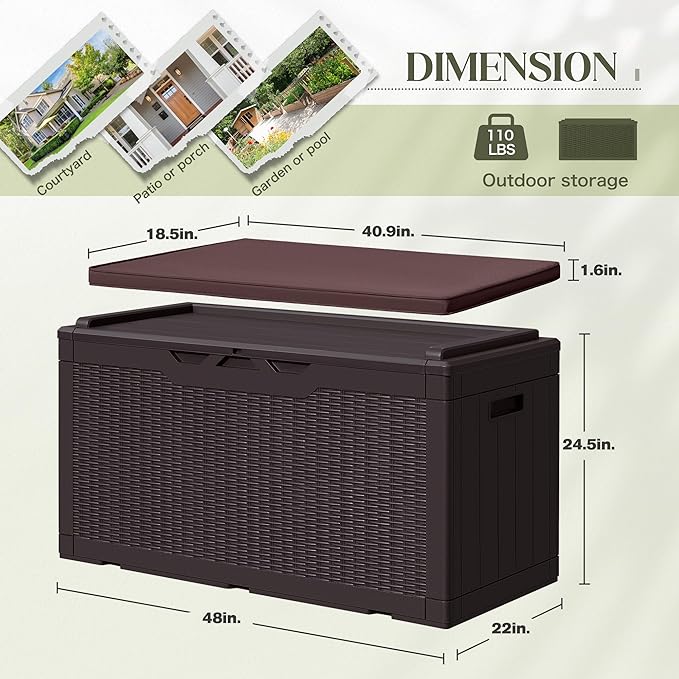 Greesum 100 Gallon Resin Deck Box Large Outdoor Storage with Cushions for Patio Furniture, Garden Tools, Pool Supplies, Weatherproof and UV Resistant, Lockable, Dark Brown-VerdiqueGarden