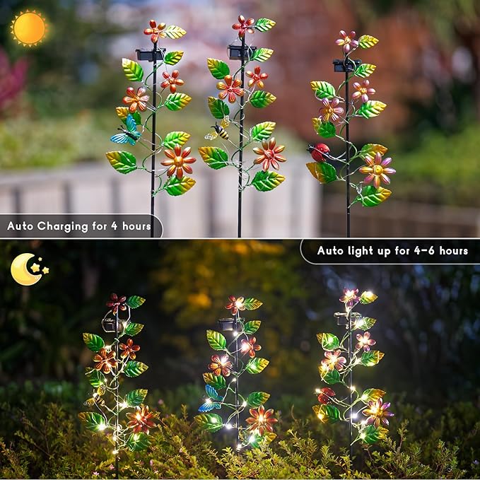3 Pack Solar Garden Lights, Flower & Insect Metal Solar Stake Light, 23" H Outdoor Statues Figurine Lights for Garden Lawn Patio Yard Decoration-VerdiqueGarden