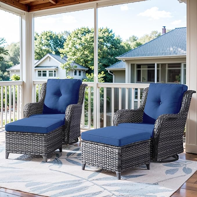 4 Pieces Patio Furniture Sets, Wicker Patio Swivel Glider Chair with Ottomans, Outdoor Furniture Set for Outside Porch, Deck, Balcony, Garden-VerdiqueGarden