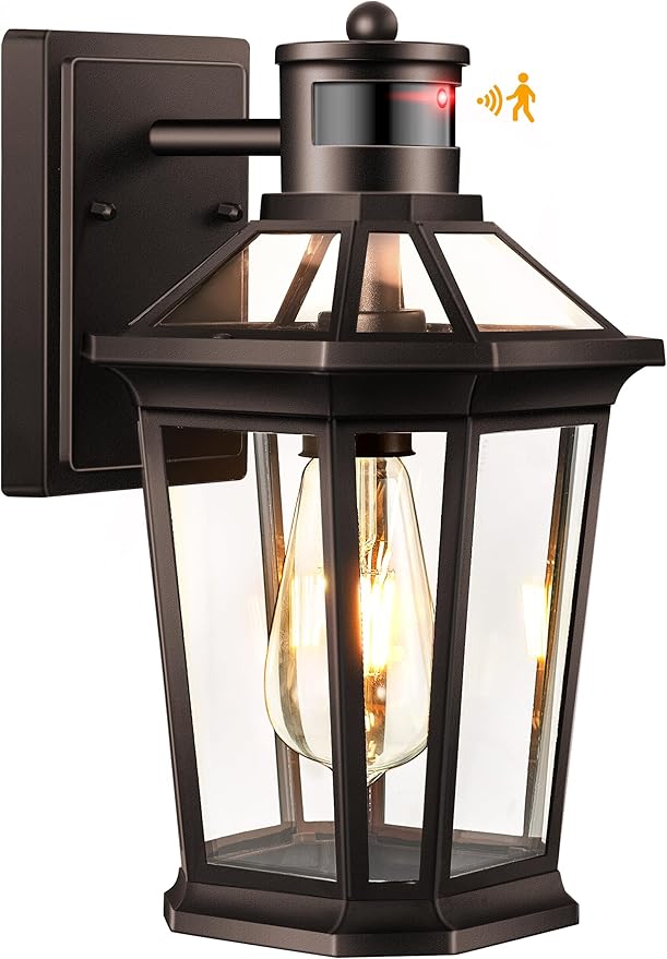 VIANIS Oil Rubbed Bronze Dusk to Dawn Motion Sensor Porch Light, Anti-Rust Aluminum Frame, Tempered Glass, 100% Weather Resistant, Easy Installation, Fits Standard E26 Bulbs-VerdiqueGarden