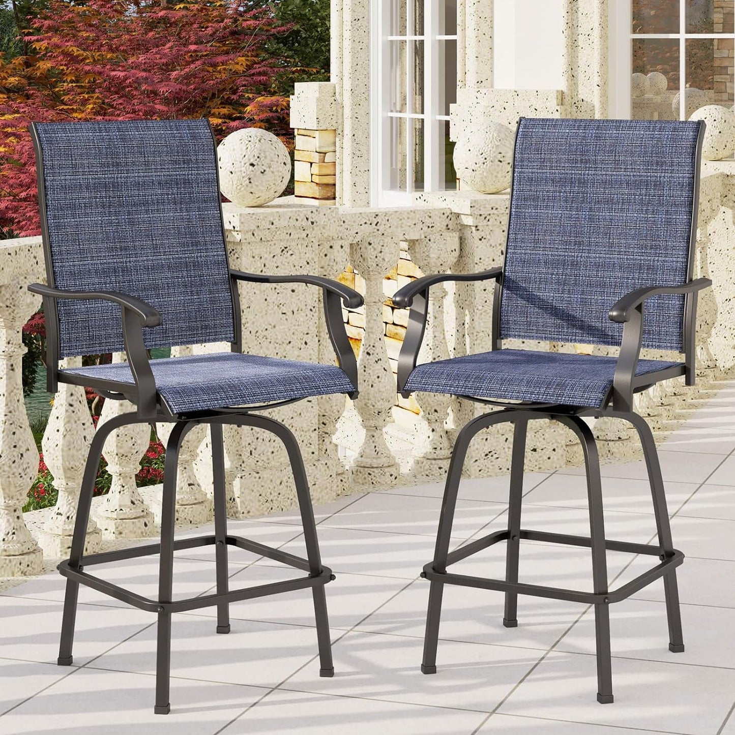 PHI VILLA Outdoor Swivel Bar Stools Set of 2, 30" Bar Height Tall Patio Chairs with All Weather Textilene Fabric, High Top Bar Chairs for Balcony, Porch and Deck, Blue-VerdiqueGarden