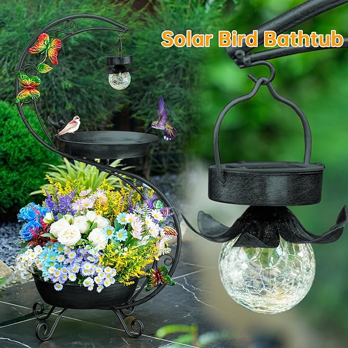 Bird Bath for Outside with Solar Lamp, 36" Birdbaths for Outdoors with Planter Flower Pot, Metal Bird Bath Bowl for Garden Yard Decor (All Black)-VerdiqueGarden