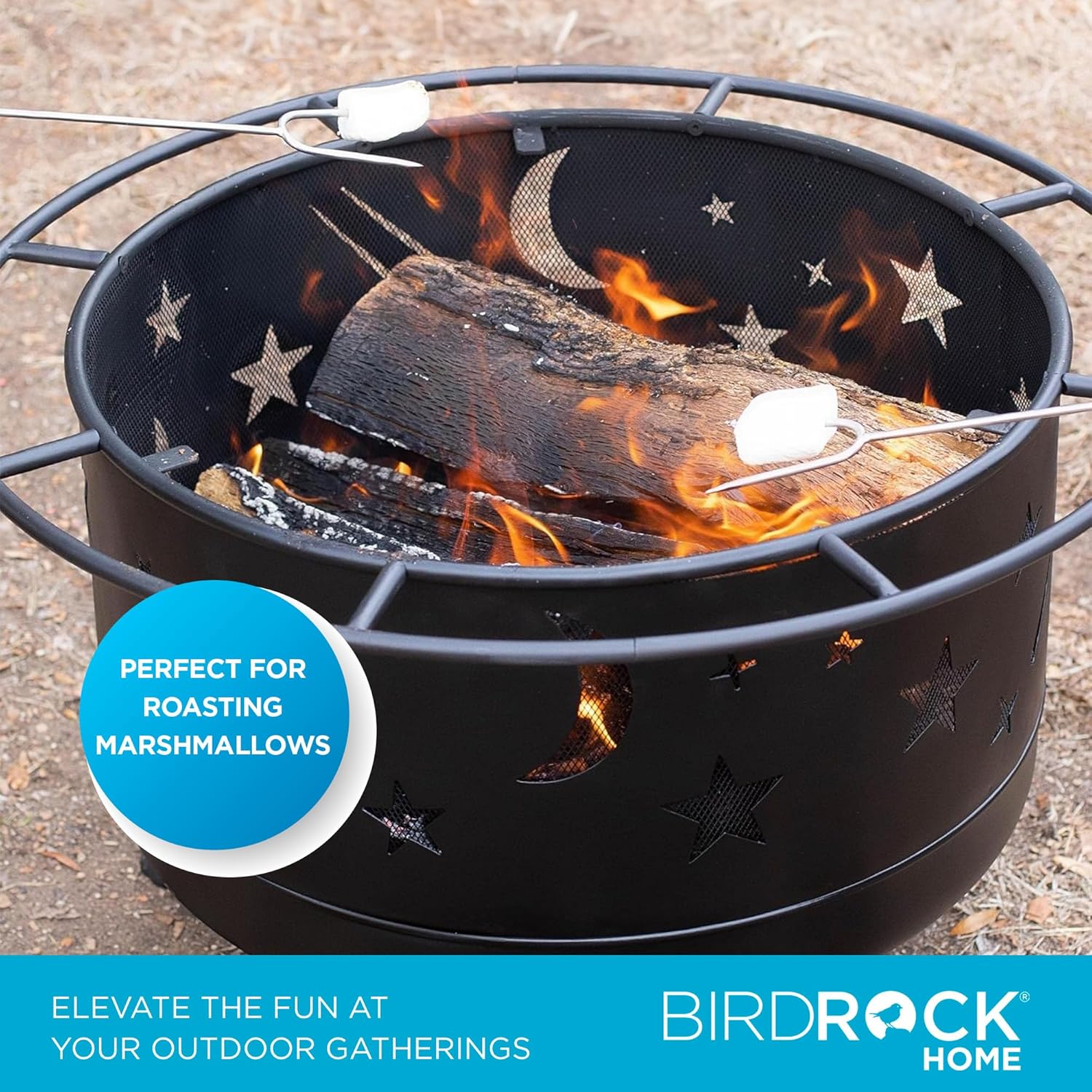 BIRDROCK HOME 30″ Round Wood-Burning Fire Pit – Portable Outdoor Patio & Garden Fire Bowl with Stars & Moon Cut-Outs, Spark Screen, Built-in Grate, 4 Roasting Sticks & Fire Poker - Black-VerdiqueGarden