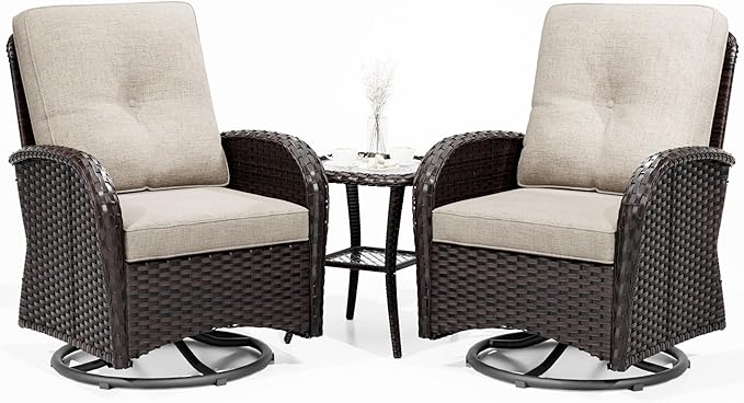 Joyside Outdoor Swivel Rocker Chairs, 3 Piece Wicker Patio Set with Thick Cushion and Side Table, Rattan Patio Swivel Rocking Chairs for Porch, Deck Use (Brown/Beige, 3 PCS)-VerdiqueGarden