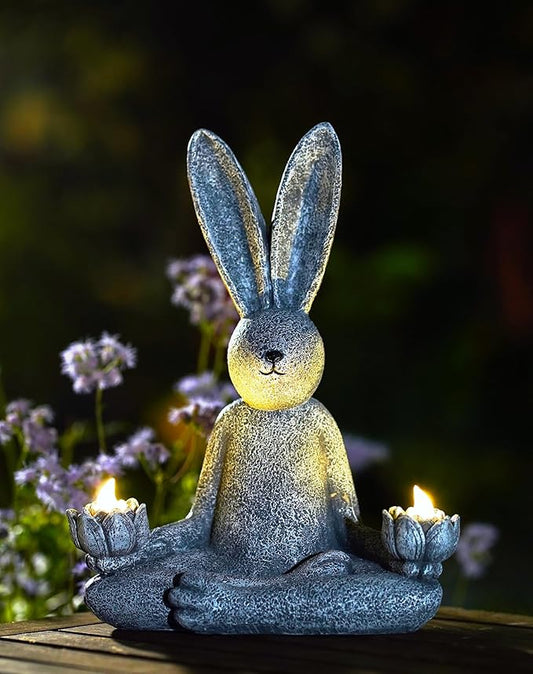 Goodeco Zen Rabbit Statue with Solar Lotus - Garden Yoga Bunny with LED Solar Lotus Lights, Sitting Meditating Buddha Rabbit Serene Resin Figurine for Patio Yard Lawn Ornaments, Home or Outside-VerdiqueGarden