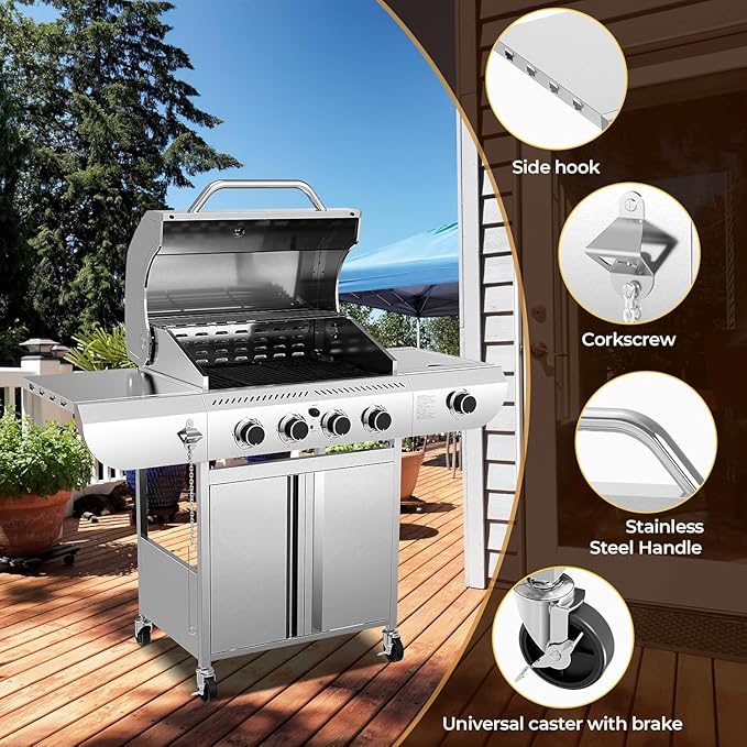 R.W.FLAME 4-Burner Gas Grill with Side Burner, Stainless Steel Propane Grill 42000BTU for Outdoor Cooking, with Porcelain-Enameled Cast Iron Grates, Baking Pan, Silver-VerdiqueGarden