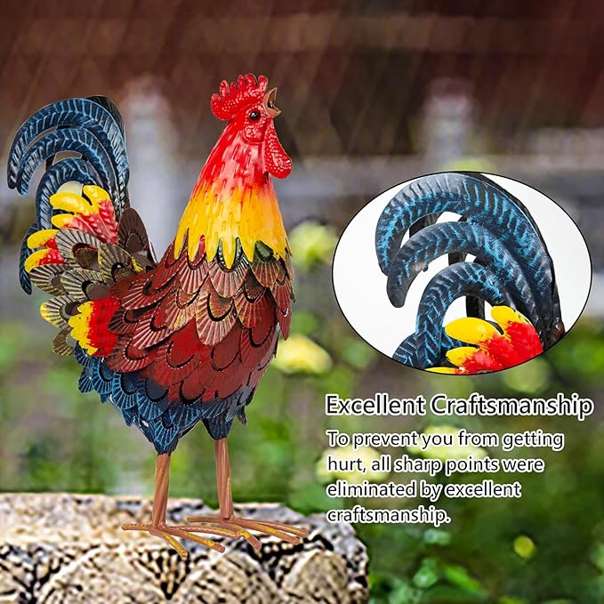 XONOR Metal Rooster Statues, Garden Chicken Decorations, Outdoor Chicken Sculpture, Metal Yard Rooster Artwork for Outdoor, Patio, Backyard and Home Kitchen Decoration (1pc, Blue Red)-VerdiqueGarden