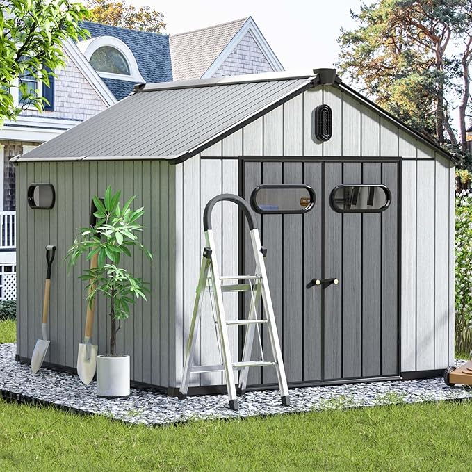 Aoxun 10X8FT Outdoor Shed with Floor, Resin Storage Shed with Lockable Door, Garden Utility Tool Shed Storage House for Backyard, Patio, Lawn-VerdiqueGarden