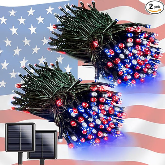 EEW 2pk Red White and Blue Solar String Lights Outdoor Waterproof, Solar Powered LED Patriotic Lights 200 LED, Solar Tree Lights for Independence Day Decor 4th of July Memorial Day Decorations-VerdiqueGarden