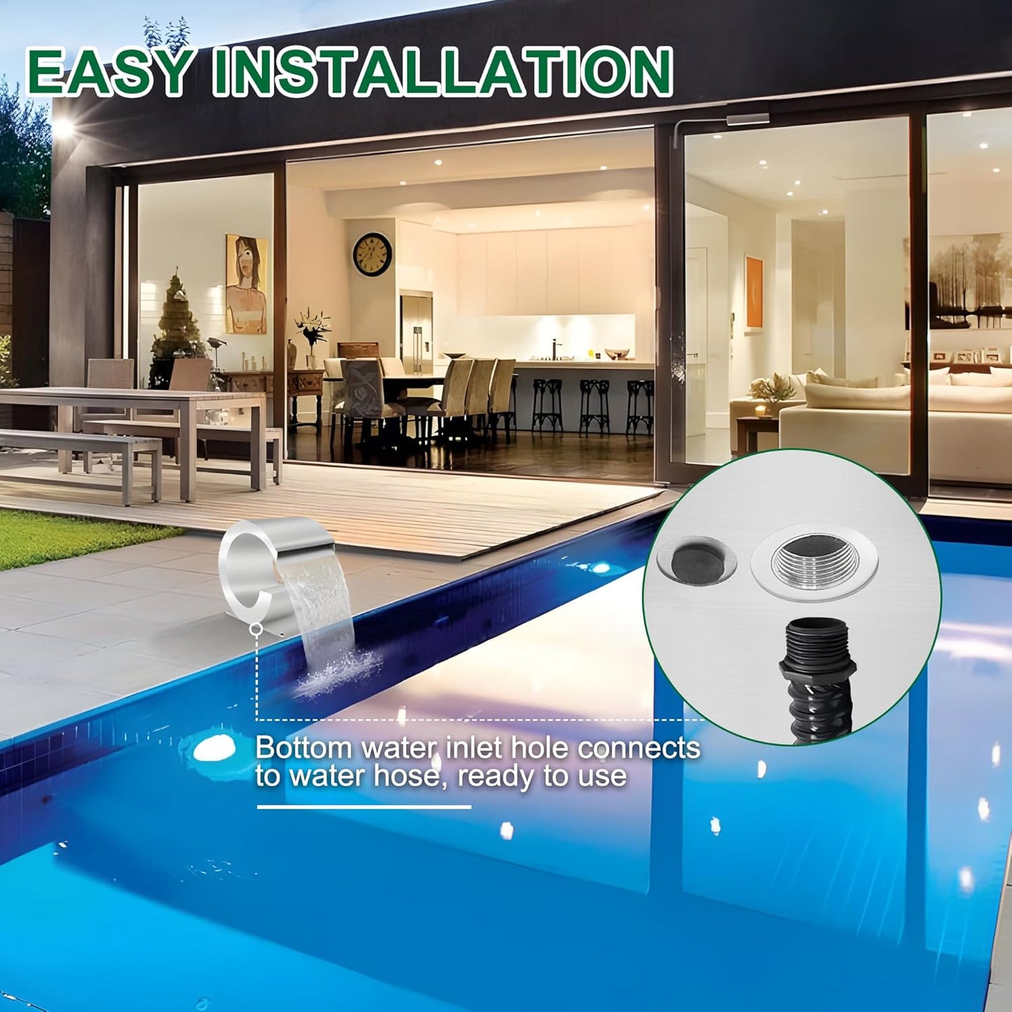 Pool Waterfall Fountain Stainless Steel Fountain 15.16'' x 15.16'' x 11.42'' Silver Pool Fountains for Ground Pools Garden Outdoor Waterfalls Sheer Descent Pond Water Feature-VerdiqueGarden