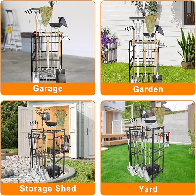 3 Tier Garden Tool Organizer, Yard Tool Tower Rack, Tool organizer up to 78 Tools, Heavy Duty Garden Tool Organizer for Garage, Yard, Patio, Shed, Indoors and Outdoors, Black-VerdiqueGarden