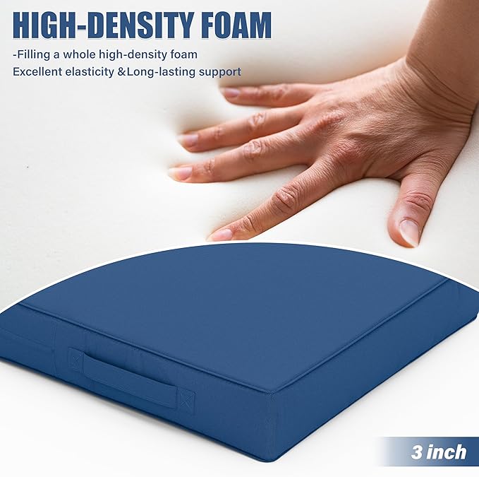 Patio Chair Cushions 17 X 16 X 3 Inch Waterproof Outdoor Seat Cushions for Patio Furniture, Outdoor Sofa Couch Pads with Ties & Handle, Set of 2, Blue-VerdiqueGarden