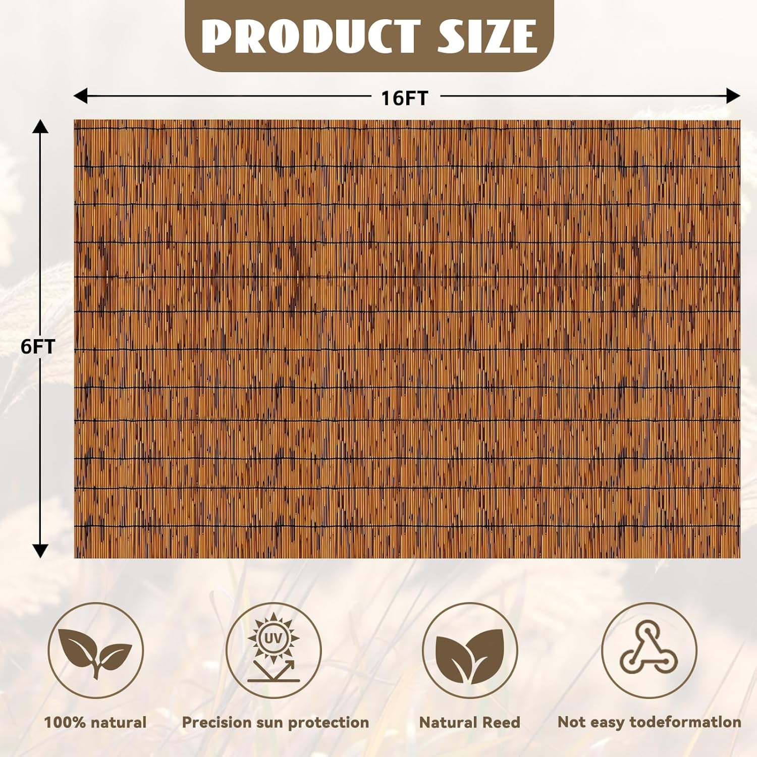 Bamboo Reed Fencing, Light Russet Bamboo Fence Rolls 6 Feet High, Decorative Privacy Screen Reed Curtains for Patio Balcony Garden Backyard Outdoor, 6 x 16 FT-VerdiqueGarden