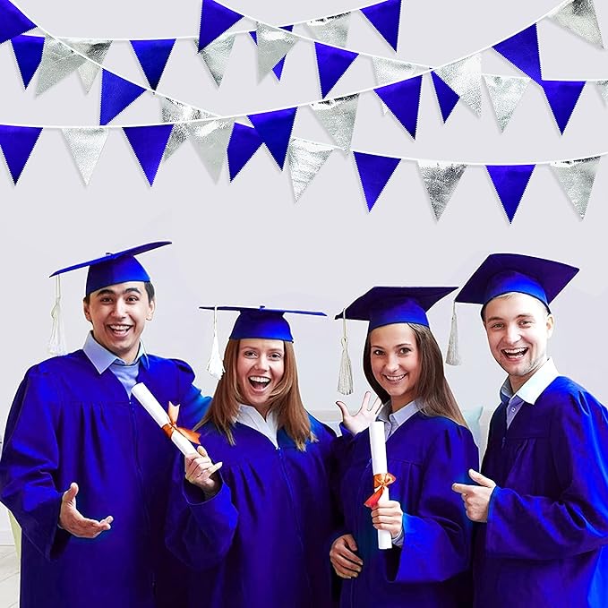 Royal Blue Silver Party Decorations Navy Blue Triangle Pennant Banner Flag Metallic Fabric Bunting Garland for Birthday Graduation Wedding Retirement Nautical Ahoy Achor Pirate Theme Party Supplies-VerdiqueGarden