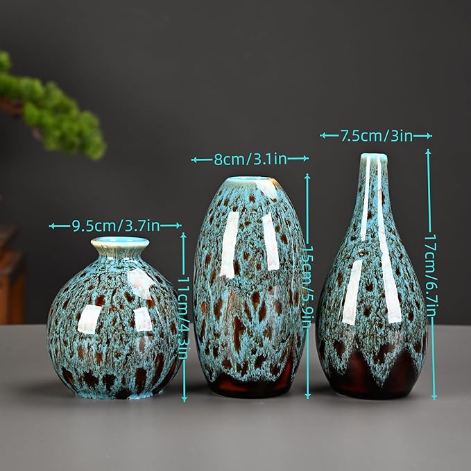Ceramic Bud Vase Set, Fambe Blue Glazed Finish, Decorative Flower Vases (Blue-Set of 3)-VerdiqueGarden