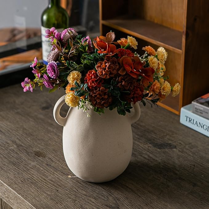 Off-White Ceramic Vase with 2 Handles, Sandstone Texture for Modern Farmhouse Decor, Rustic Pottery, Decorative Flower Vase, Clay Small Vase, Centerpiece for Dining Table - 7 Inch Tall-VerdiqueGarden