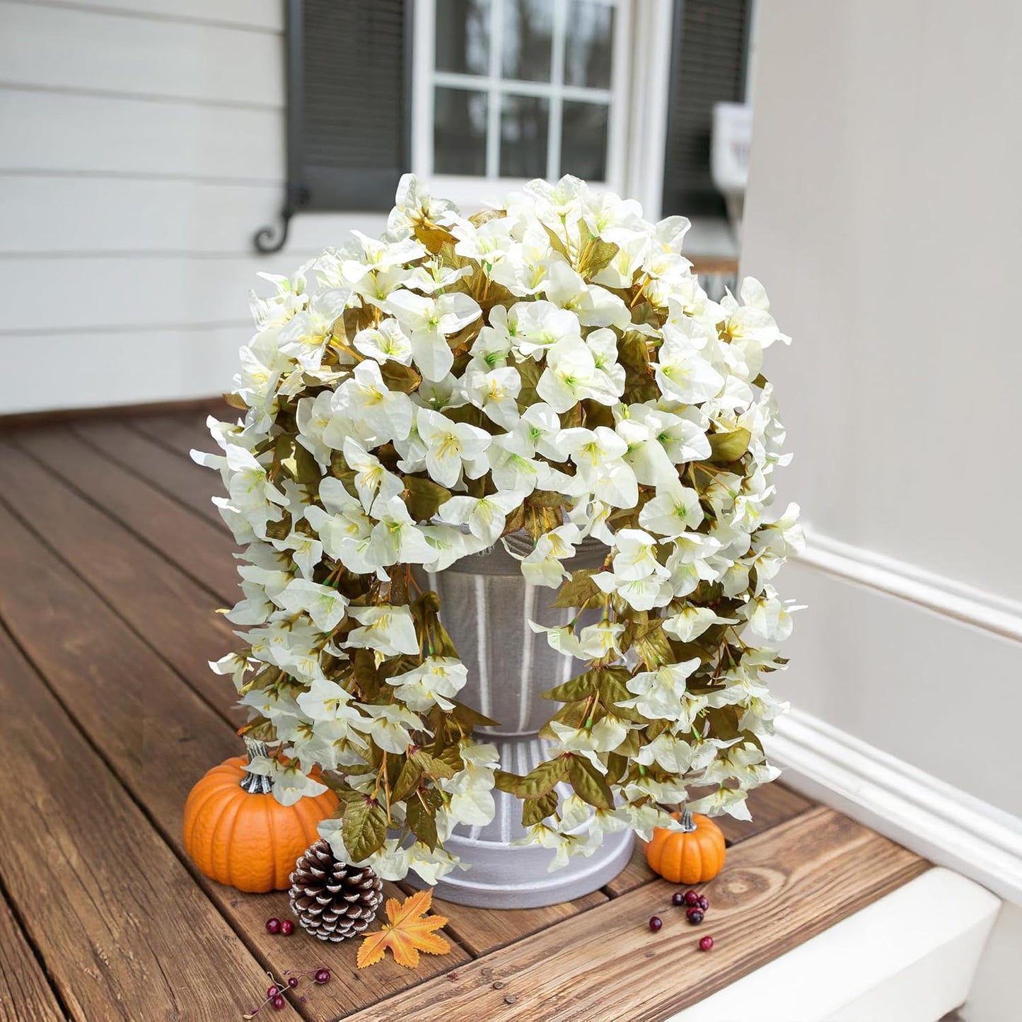 Bougainvillea Artificial Fall Hanging Flowers Plants for Outdoors Autumn Decoration, 2pcs Faux Bougainvillea Vines White Fake Flowers Realistic UV Resistant Silk Flowers for Outside Planter Yard Home-VerdiqueGarden