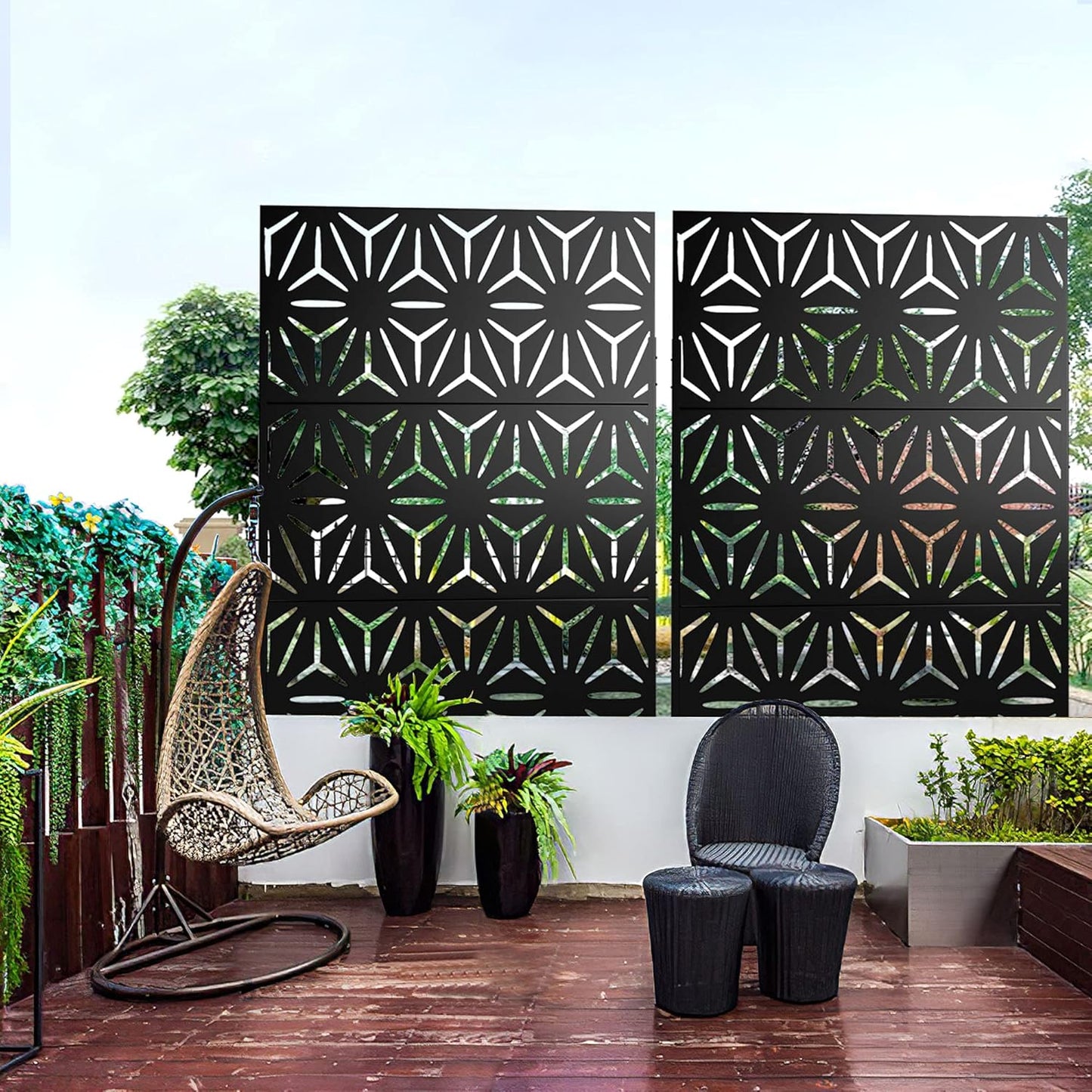 Metal Privacy Screen Outdoor 72" H×47" W, Freestanding Decorative Privacy Screen for Balcony Yard&Garden, Privacy Fence-Black&Star-VerdiqueGarden