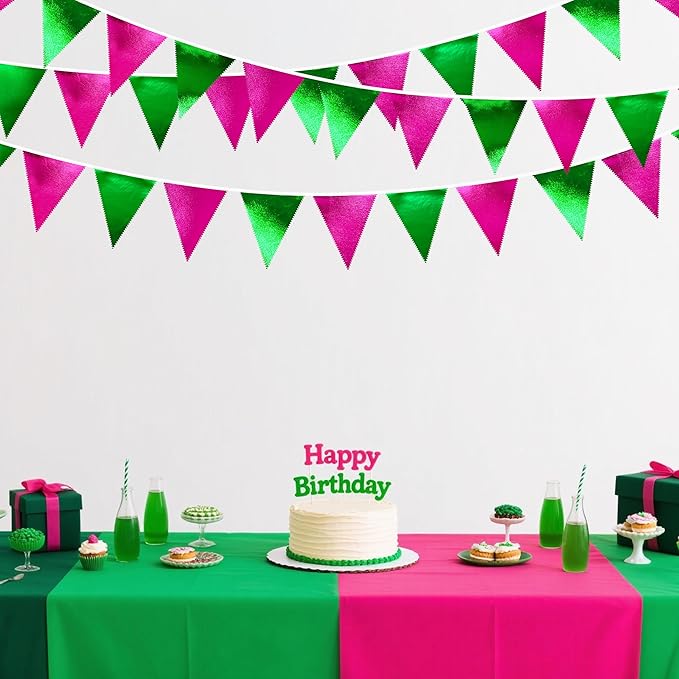 Pink and Green Party Decorations Metallic Hot Pink Light Green Fabric Triangle Pennant Banner Flag Bunting Garland for Witches Theme Birthday Wedding Baby Shower Engagement Bachelorette Party Supplies-VerdiqueGarden