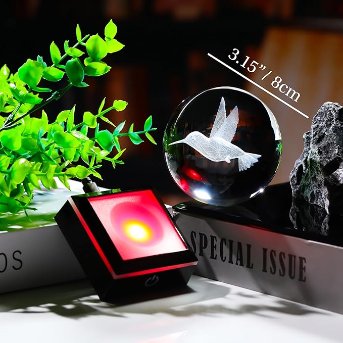 Qianwei 3D Crystal Ball Hummingbird Gift - 3.14'' 80mm Laser Decor Glass Animal Figurine Statue for Room Decorations With Night Light-VerdiqueGarden