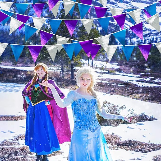 Frozen Party Decoration Purple Blue Silver Metallic Fabric Triangle Pennant Banner Flag Bunting Garland for Frozen Winter Wonderland Christmas Birthday Wedding Baby Shower Bridal Shower Party Supplies-VerdiqueGarden