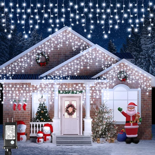Icicle Lights for Outside, 33FT 400 LED Icicle Christmas Lights with 8 Modes 75 Drops, Waterproof Plug in Curtain String Lights for Outdoor Indoor House Yard Roof Wedding Decorations, White-VerdiqueGarden